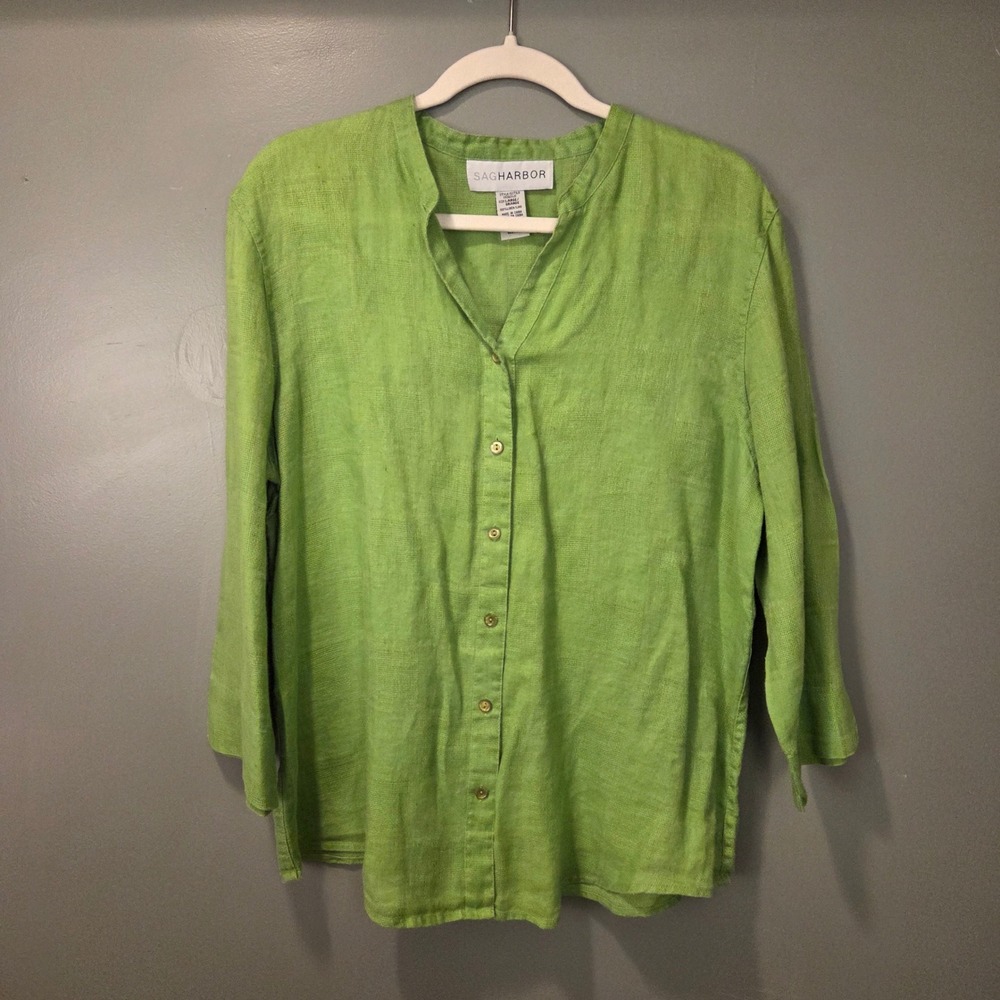 Vintage Sag Harbor 100% Linen Women's 3/4‎ Sleeve Button Up Shirt Size L Green